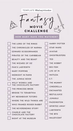 the fantasy movie challenge checklist is shown in purple and white with black writing on it