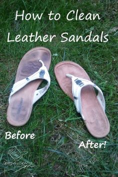 two pairs of sandals sitting in the grass with text that reads how to clean leather sandals before and after