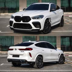 the front and side view of a white bmw x4 in two different angles,