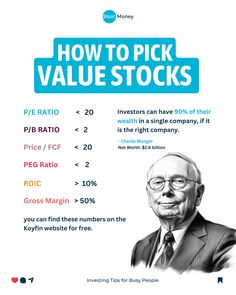 a poster with the words how to pick value stocks on it and an image of a man in a suit