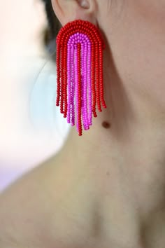 "Statement boho waterfall cascade chandelier tassel earrings Bohemian fringe Gold white blue black Red hot pink dangle beaded jewelry! They will be a wonderful accessory for any of your style! ♡I promise that you will always be in the spotlight with such earrings!♡ Size: length - 7.cm (2.8 inches) width - 3 cm (1.2 inches) ❤ CUSTOM ORDERS It is ABSOLUTELY HANDMADE . So if you like this item in a different color or size, send me a message please. I will send you a link for a \"custom order\" and Fringe Dangle Chandelier Earrings, Dangle Tassel Chandelier Earrings, Fringe Dangle Chandelier Earrings For Festival, Summer Chandelier Dangling Bead Earrings, Summer Chandelier Dangle Earrings With Beads, Summer Chandelier Earrings With Dangling Beads, Summer Chandelier Dangle Earrings With Dangling Beads, Summer Jewelry With Dangling Beads And Long Drop, Summer Long Drop Earrings With Dangling Beads