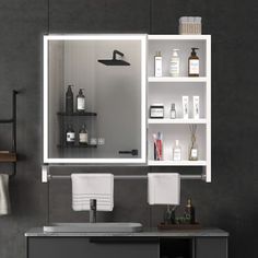 a bathroom with a sink, mirror and shelves