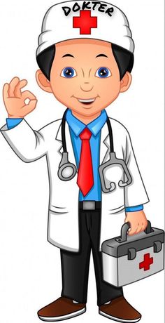 a cartoon doctor is holding a briefcase and giving the peace sign with his right hand