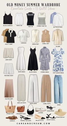 Upgrade your summer look with our Old Money Summer Capsule Wardrobe! We've put together 15 elegant outfit ideas that will awaken your old money style with a mix of 25+ chic summer essentials. Feel confident owning your aesthetic this summer with the relaxed yet refined old money summer style. These outfit ideas are truly an inspiration for crafting your timeless capsule wardrobe. Plus: old money look, old money summer outfits. French Summer Outfits Classy, Midi Skirt Classy Outfit, How Many Style In Fashion, Elegant Outfit Essentials, Summer In The Hamptons Aesthetic Outfits, Spring Summer Outfits Casual, Summer Outfits Old Money Aesthetic