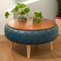 a potted plant sitting on top of a wooden table next to a blue tire