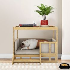 a dog laying on top of a couch under a table next to a potted plant