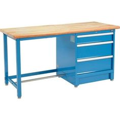 a blue workbench with two drawers and a wooden top