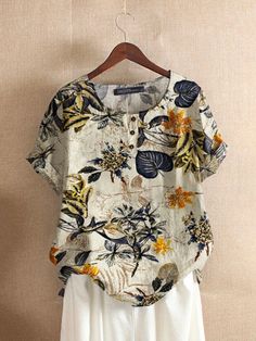 Allover Plants Print Button Front Short Sleeve Blouse Ladies Printed Tops, Loose Dress Pattern, Short Sleeve Blouses, Plants Print, Fashion Blouses, Womens Outfits, Floral Print Tops, Outfits Fashion, Blouse Vintage