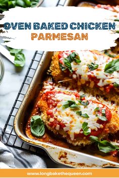 oven baked chicken parmesan in a baking pan