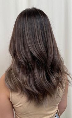 Natural Brown Balayage On Black Hair, Natural Balayage Ash Brown, Dark Brown Hair With Highlights Cool Tone, Dark Balayage Cool Tone, Natural Ash Brown Balayage, Brown Balayage Hair Cool Tone, Ashy Chocolate Brown Hair Balayage, Ash Brown Dark Hair, Neutral Brown Balayage On Dark Hair