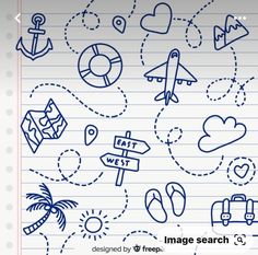 an image search page with doodles and icons on lined paper, including symbols for travel