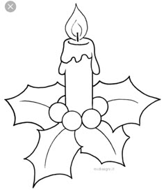 a lit candle with holly leaves and berries on the side, outlined in black and white