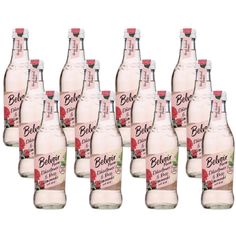 twelve bottles of belkin sparkling water with strawberries on the label are lined up against a white background