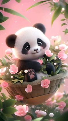 a panda bear sitting on top of a basket filled with pink flowers and greenery