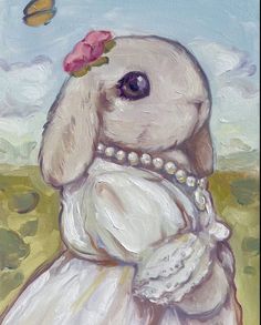 a painting of a dog in a white dress with pearls on it's collar