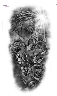 a black and white drawing of jesus with roses