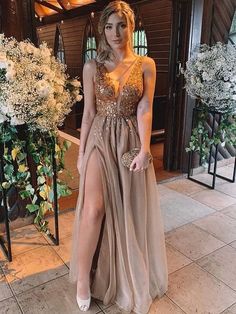 Neckline: V-neckSilhouette: A-Line/PrincessBuilt-in Bra: YesSleeve: SleevelessWaist: NaturalBack Style: OtherHemline/Train: Floor-Length Gold Tulle, Hi Friend, Tulle Dresses, Dresses Sequin, V Neck Prom Dresses, Evening Dresses Online, Professional Dress, Perfect Dresses, Looks Party