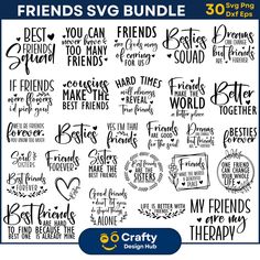 the friends svg bundle is shown in black and white, with different font styles