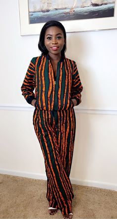 This 2-piece jacket and pant set made with authentic African print fabric. Perfect outfit for the season. Printed Workwear Sets For Fall, Printed Cotton Sets For Fall, Casual Patterned Set With All Over Print, Casual Green Sets With All Over Print, Patterned Cotton Sets For Workwear, Womens Sweatshirts, African Print Fabric, African Prints, Pant Set