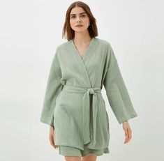 Elevate your relaxation with our Gauze Muslin Kimono Robe for Women. Perfect for lounging or spa days, this cotton bathrobe features long sleeves and a lightweight, breathable design. Crafted from soft gauze muslin, it offers a touch of luxury and comfort, making it an ideal choice for loungewear or after-bath wear. Enjoy the effortless style and elegance of this versatile kimono robe, designed to enhance your daily routines and self-care moments. Perfect as a thoughtful gift or a personal indul Green Relaxation Sleepwear For Spring, Casual Cotton Kimono For Loungewear, Spring Wrap Loungewear Robe, Casual Robe For Relaxation, Relaxed Fit Long Sleeve Home Robe, Long Sleeve Relaxed Fit Robe For Home, Relaxed Fit Long Sleeve Lounging Robe, Cozy Cotton Robe For Loungewear, Green Long Sleeve Sleepwear For Relaxation