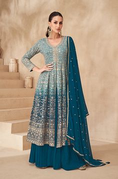 Suits For Women Design, Blue Sharara, Georgette Palazzo, Suits Usa, Indian Anarkali, Anarkali Lehenga