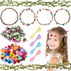 PRICES MAY VARY. Package include: the flower crowns craft kit contains 8 pieces bud branches, 1 pieces fabric leaf garland which measures about 118 inches, 1 piece waxed rope with leaves which measures about 78.7 inches, 96 pieces paper flowers, 36 pieces piberry bunches and 4 pieces silk ribbon, totally 146 pieces; Sufficient quantity can meet your creative needs with your imagination Stimulate your imagination: colored paper flowers, bud branches and waxed rope of DIY floral crown kit can be turned into pretty handmade flowers by your imagination and ideas, which can stimulate your children's creativity; By the way that help kids choose hair accessories and flower decorations of their favorite colors to make different flowers, then they can express their ideas and form a personal style V Make Your Own Flower Crown, Crowns Craft, Colored Paper Flowers, Diy Floral Crown, Fabric Leaf, Crown Crafts, Creative Activities For Kids, Leaf Garland, Diy Craft Kits