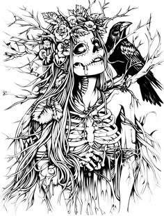 a drawing of a skeleton and a bird sitting on top of it's head