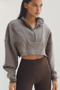 Zip Pullover Outfit, Half Zip Pullover Outfit, Pullovers Outfit, Crop Pullover, Joah Brown, French Terry Fabric, Terry Fabric, Half Zip Pullover