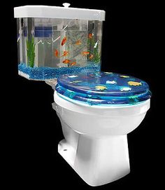 a white toilet with a fish tank on it's lid and the seat up