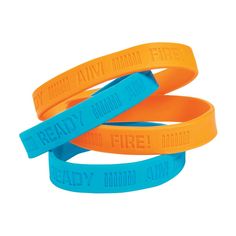 three rubber wristbands with the words ready for fire written on them in blue, orange and yellow