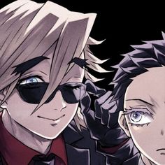 two anime characters with black hair and sunglasses