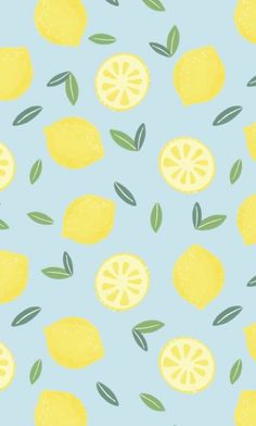 a blue background with lemons and leaves