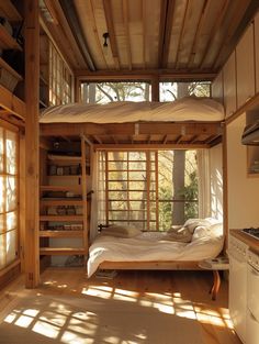 a loft bed in the middle of a room