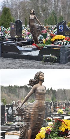 there are two different pictures of the same woman in front of her headstones