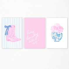 three cards with pink and blue flowers in vases, one has a bow on it