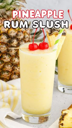 This Pineapple Coconut Rum Slush is the perfect hot summer day cocktail! Made it minutes with just three ingredients, these easy fruity cocktails will be a big hit at pool parties or any gathering with a tropical vibe. Pineapple Rum Slush, Easy Fruity Cocktails, Pineapple And Coconut, Summer Drinks Alcohol, Pineapple Drinks, Pineapple Rum, Yummy Alcoholic Drinks