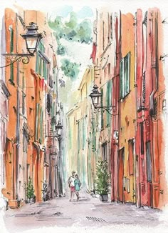 watercolor painting of an alleyway with people walking down the street and buildings on either side