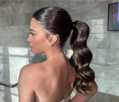 Sleek Hairstyles For Wedding Guest, Low Pony Wedding Hairstyles Brunette, Bridal Hair And Makeup Strapless Dress, Hairstyles For Guest Wedding, Slicked Back Pony Wedding Hair, Sleek Hairdo Classy, Elegant Hairstyles Sleek, Side Part Ponytail Wedding, Dress Inspiration Elegant