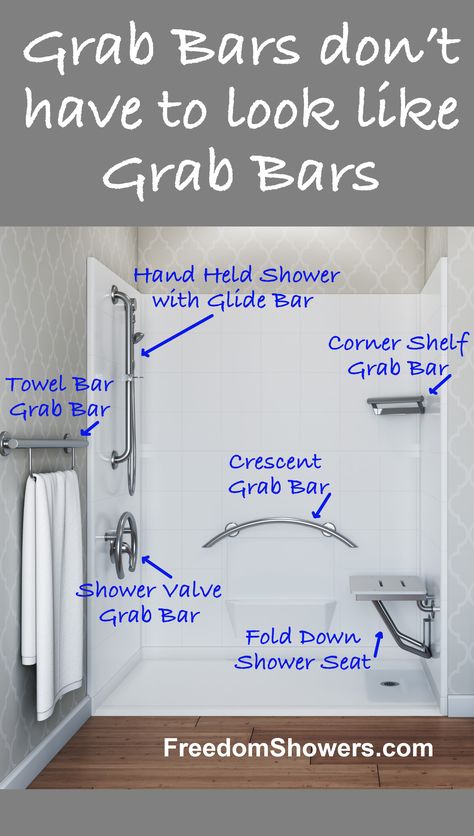 This accessible freedom shower is accessorized with various decorative grab bars. Grab Bars For Bathtub, Shower Grab Bars Ideas, Bathtub With Grab Bars, Grab Bar Towel Rack, Where To Place Grab Bars In Showers, Decorative Shower Grab Bars, Walk In Shower Grab Bar Placement, Shower Grab Bars Design, Shower Safety Grab Bar