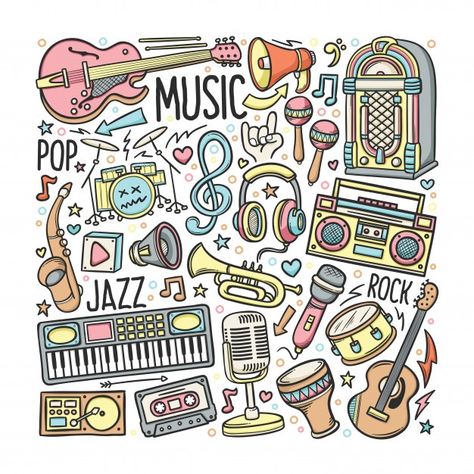 Hand drawn set of music in doodles color | Premium Vector #Freepik #vector #music #hand #cartoon #hand-drawn Music Doodles, Music Notes Drawing, Music Doodle, Chalk Ideas, Note Doodles, Music Drawings, Music Illustration, Wallpaper Music, Music Coloring