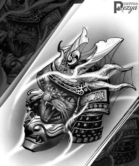 Samurai Cat Tattoo Japanese Art, Samurai Cat Tattoo, March Tattoo, Seagull Tattoo, Lucky Cat Tattoo, Cat Samurai, Tattoo Desings, Samurai Tattoo, Tattoo Reference