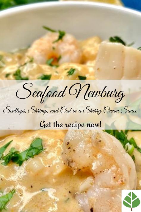 Seafood Newburg Recipe (Scallops, Shrimp, and Cod in a Sherry Cream Sauce) Easy Seafood Crockpot Recipes, Seafood Newburg Recipe Puff Pastries, Seafood Gratin Recipe, Newburg Sauce Recipe, Seafood Newburg Recipe Easy, Seafood Cream Sauce Recipes, Seafood Imperial Recipes, Seafood Ideas For Christmas, Mixed Seafood Recipes For Dinner