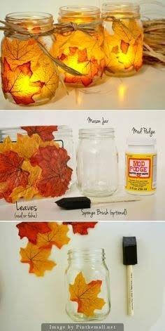 Leaf Mason Jar Candle, Diy Mason Jar Lights, Diy Thanksgiving Crafts, Fall Candle Holders, Mason Jar Candle Holders, Jar Crafts Diy, Thanksgiving Decorations Diy, Diy Mason Jar, Mason Jar Ideas