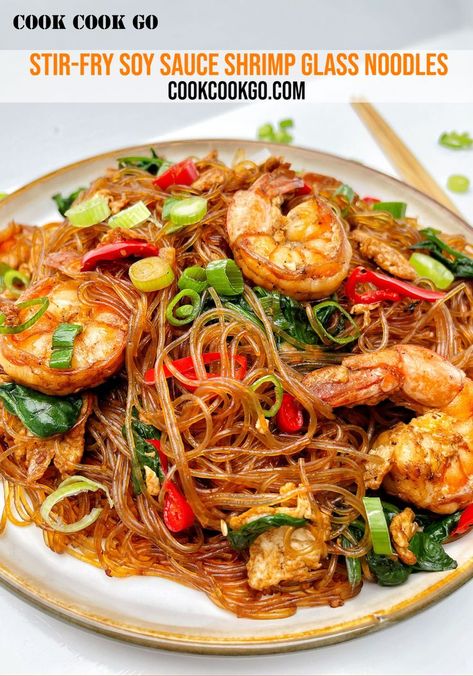 Glass Noodles With Shrimp, Shrimp With Glass Noodles, Stir Fry Glass Noodles Recipe, Shrimp Glass Noodle Recipes, Sweet Potato Glass Noodles Recipe, Shrimp Stir Fry With Noodles, Soy Sauce Shrimp, Shrimp Noodle Stir Fry, Shrimp Noodles Recipes