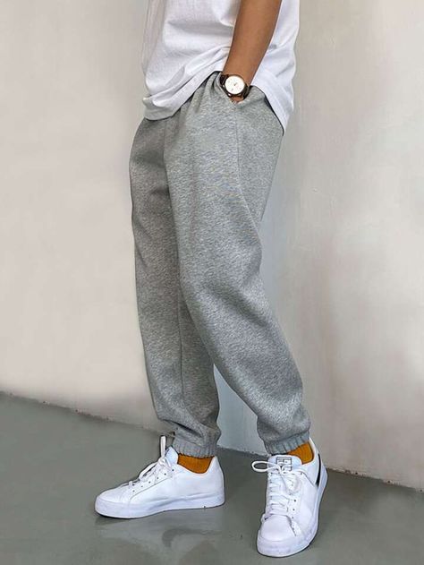 Grey Sweatpants Outfit Men, Grey Sweatpants Outfit, Grey Sweatpants Men, Gray Sweatpants Outfit, Sweatpants Shein, Sweatpants Grey, Men Sweatpants, White Shoes Men, Pants Outfit Men