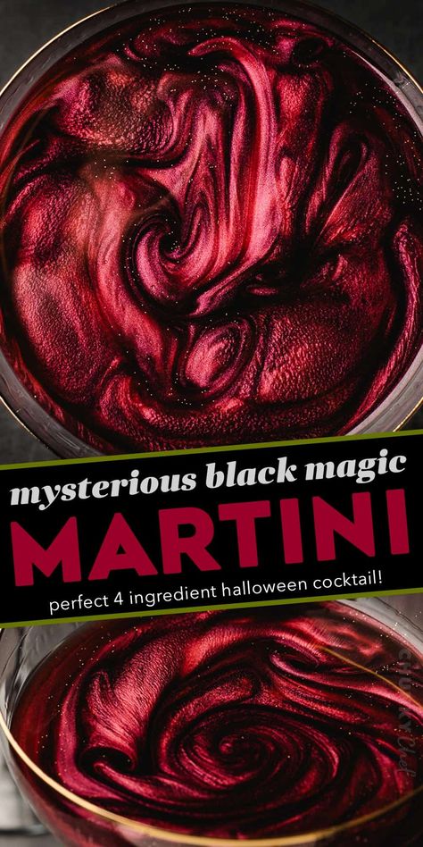 This spooky and mysterious black magic martini is made with just 4 ingredients (including optional garnishes) and is absolutely perfect for Halloween! Stir in edible luster dust to give your vodka martini eerie and mystical swirls! Black Vodka Halloween Drinks, Black Edible Glitter Drink, Halloween Drinks Alcoholic, Black Vodka Drinks, Edible Glitter Drinks Halloween, Spooky Date Night At Home Food, Halloween Drink Garnish, Black Cocktails For Halloween, Halloween Drinks And Snacks