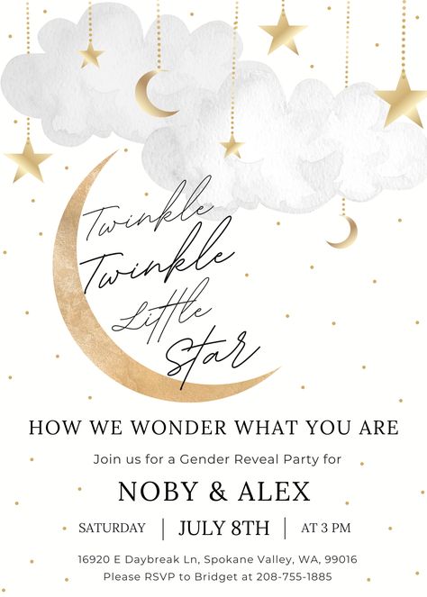 Twinkle Twinkle Little Star Gender Reveal Invitations Template, Cloud Theme Gender Reveal Invitation, Twinkle Star Gender Reveal, Gender Reveal Star Theme, Stars Gender Reveal Party, Twinkle Little Star Baby Gender Reveal, Moon And Star Gender Reveal, How We Wonder What You Are Gender Reveal, Gender Reveal Cloud Theme