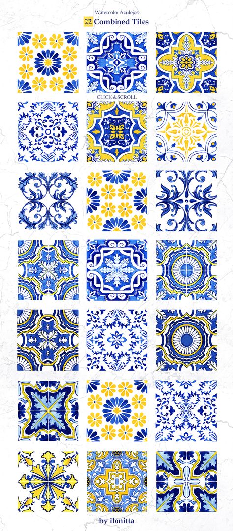 Portuguese Azulejos. Watercolor Tiles & Patterns :: Behance Portuguese Tiles Pattern, Portugal Tiles Pattern, Portuguese Tile Tattoo, Tiles Advertisement, Watercolor Tiles, Portuguese Aesthetic, Portugal Tattoo, Portuguese Tattoo, Portugal Tiles