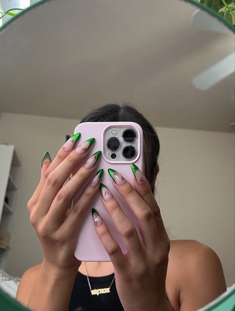 Green Nails With Cherries, Green Cherry Nails, Chrome Cherry Nails, Green Chrome Almond Nails, Cherry Chrome Nails, Green Chrome Nails, Artsy Nails, Green French, Green Cherries