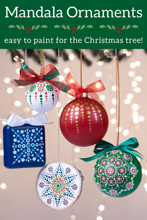 Learn how to make unique dot mandala ornaments for your Christmas tree! Making the patterns is easier than you think. These are so pretty! Christmas Ornament Dot Art, Dot Mandalas Pattern, Mandala Christmas Ornaments Diy, Christmas Dotting Art, Dot Mandala Christmas Ornaments, Dot Painting Patterns For Beginners, Boho Xmas Decor, Dot Painting For Beginners, Dot Painting For Beginners Tutorial